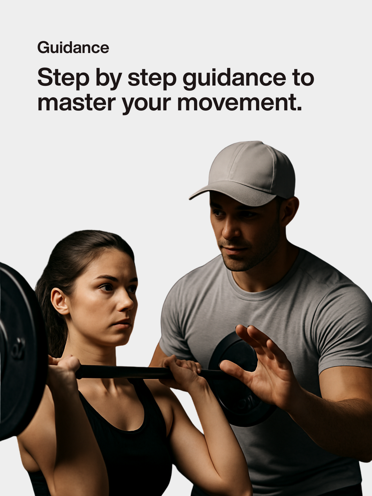 Coach guiding a woman through a barbell lift, illustrating step-by-step movement guidance